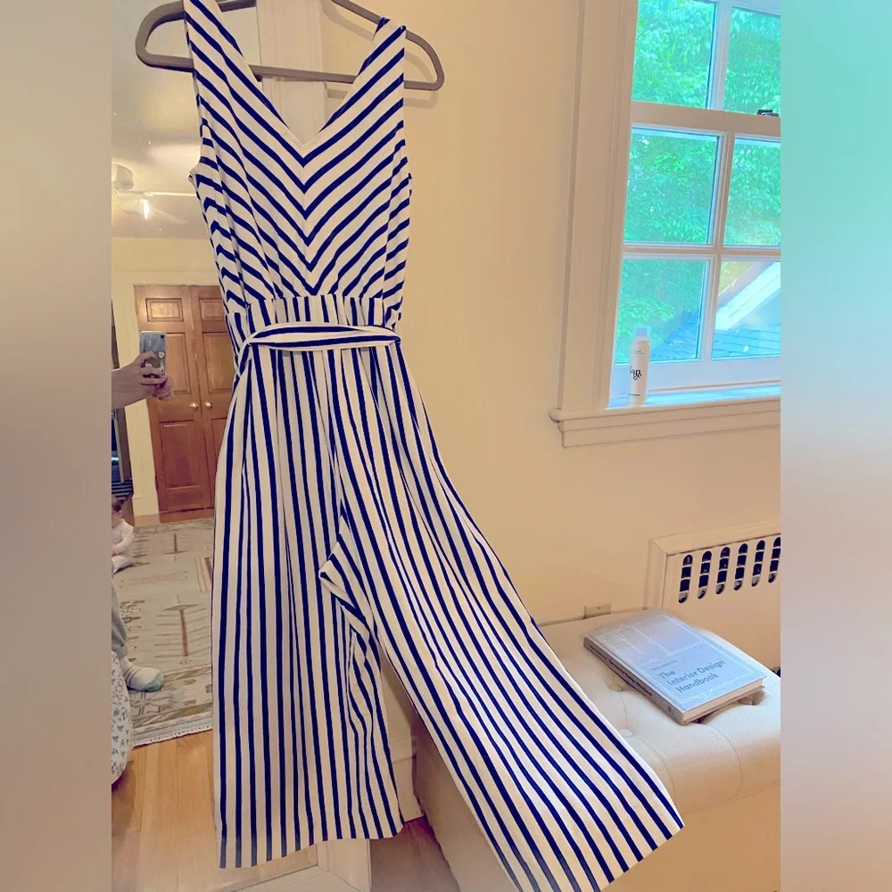 J. Crew Blue & White Striped Wide Leg Romper - Picture 2 of 6
